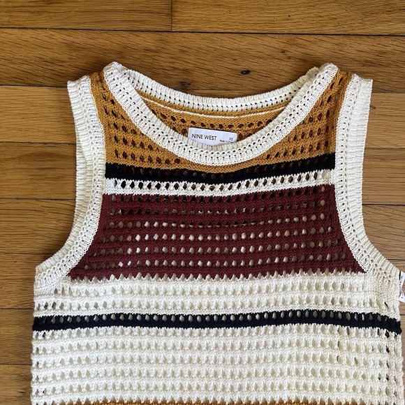 NWT Nine West Women's XS Cotton Crochet Dress White Brown Striped Sleeveless - Picture 2 of 11